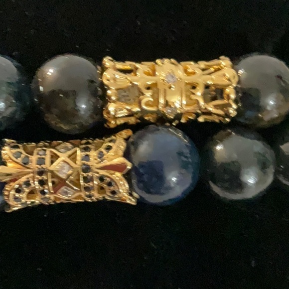 Hand Crafted Couple’s 2 Bracelets Blue Gemstone Pave King Queen Crown Rhinestone - Picture 10 of 11